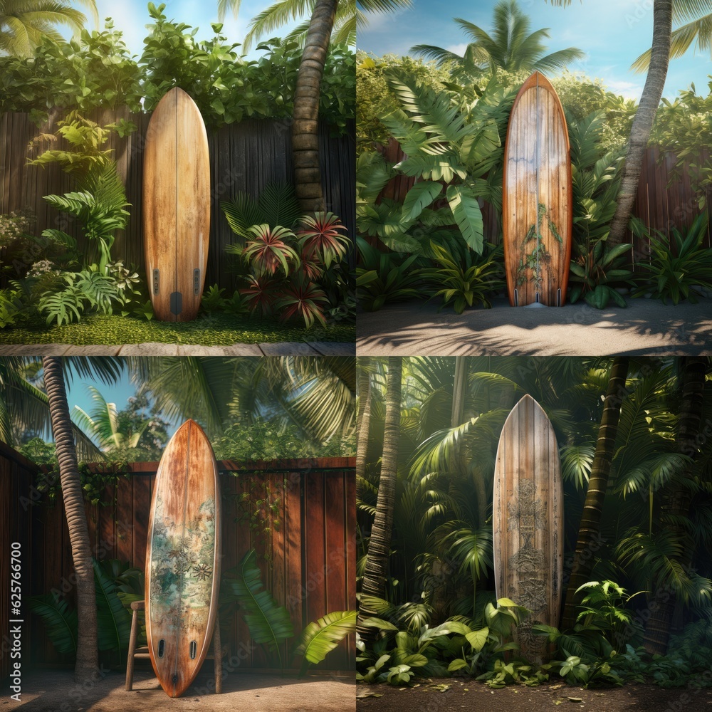 surfboard lying against a wooden garden fence inm a tropical island ...