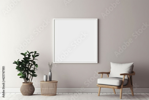 Blank picture frame mockup on gray wall  White living room design  View of modern scandinavian style interior with square artwork mock up on wall  Home staging and minimalism concept