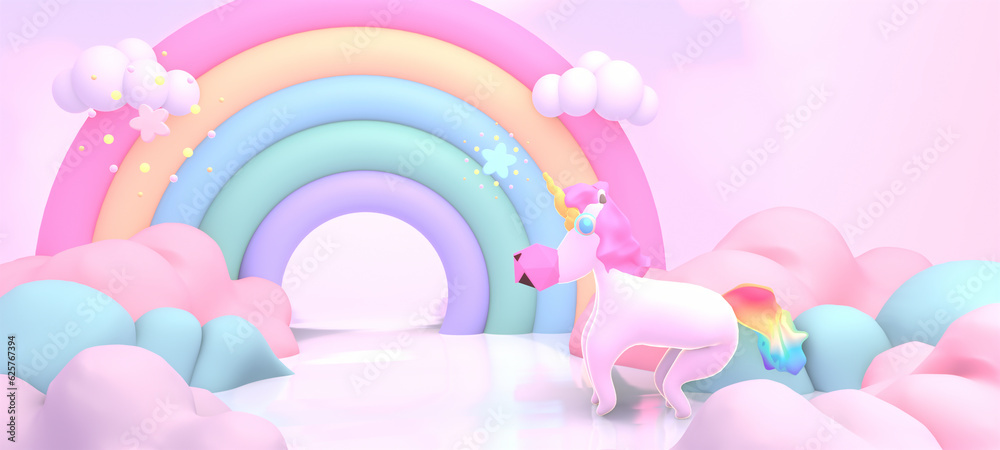 3d rendered cartoon rainbow land with unicorn. 3d rendered cartoon rainbow land with unicorn.
