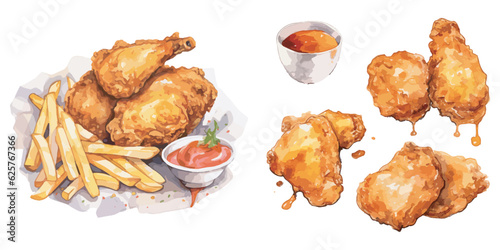 Watercolor Watercolor Fried Chicken with fried fries clipart for graphic resources