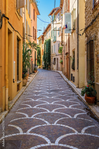 Fototapeta Naklejka Na Ścianę i Meble -  Ornate mosaic street pavement between traditional old houses near the covered provencal farmers market in old town or Vieil Antibes, South of France