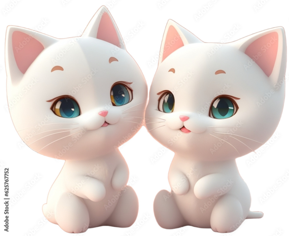 The cute little white cat couple sitting and smiling. 3D illustration work, love, and Valentine's Day. , pets, cat elements, transparent background.