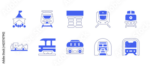 Railway icon set. Duotone style line stroke and bold. Vector illustration. Containing wagon, subway, buffer stop, train, high speed train, tank, railway.