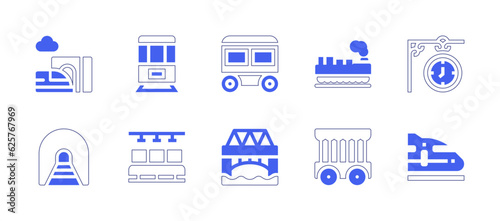 Railway icon set. Duotone style line stroke and bold. Vector illustration. Containing train, metro, cargo, clock, tunnel, seat, bridge, cage, high speed train.