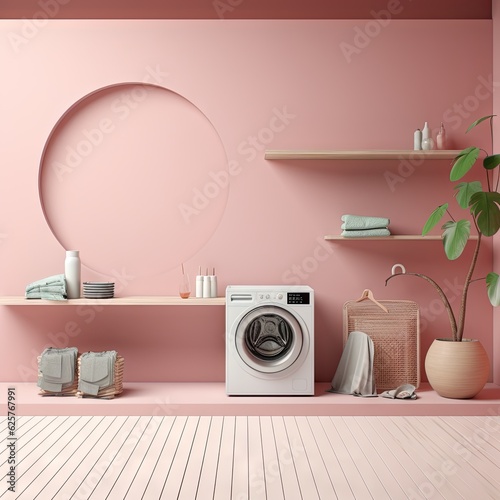 washing machine in the room with pink wall generative ai © RamvijayB