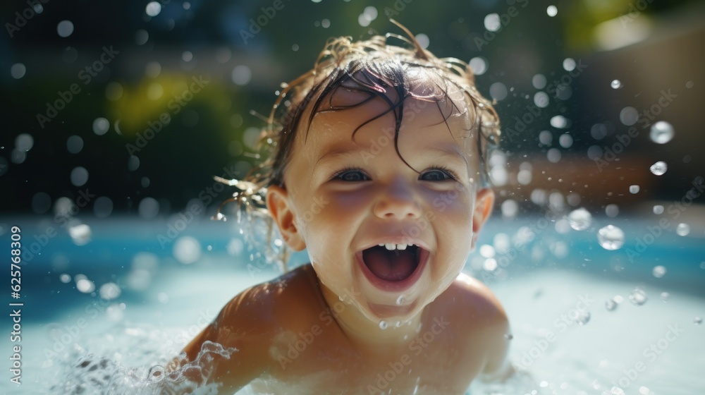 Child playing in water at swimming pool. Generative AI Child playing in water at swimming pool. Generative AI