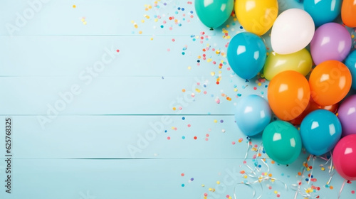 Balloons and confetti border, Birthday or party background, Festive greeting card,