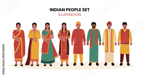 Indian people in traditional clothes illustration. Traditional costumes. Group indian male and female cartoon characters. Flat vector illustration isolated on white background