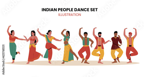 Indian performing traditional dance illustration set. Traditional costumes. Group indian male and female cartoon characters. Flat vector illustration isolated on white background