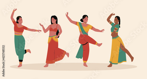 Indian woman performing traditional dance illustration set. Traditional costumes. Group indian female cartoon characters. Flat vector illustration isolated on white background photo