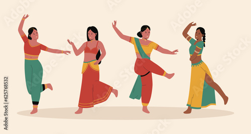 Indian woman performing traditional dance illustration set. Traditional costumes. Group indian female cartoon characters. Flat vector illustration isolated on white background