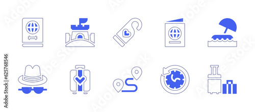 Travel icon set. Duotone style line stroke and bold. Vector illustration. Containing passport, sand castle, doorknob, island, hat, honey moon, distance, time travelling, luggage.
