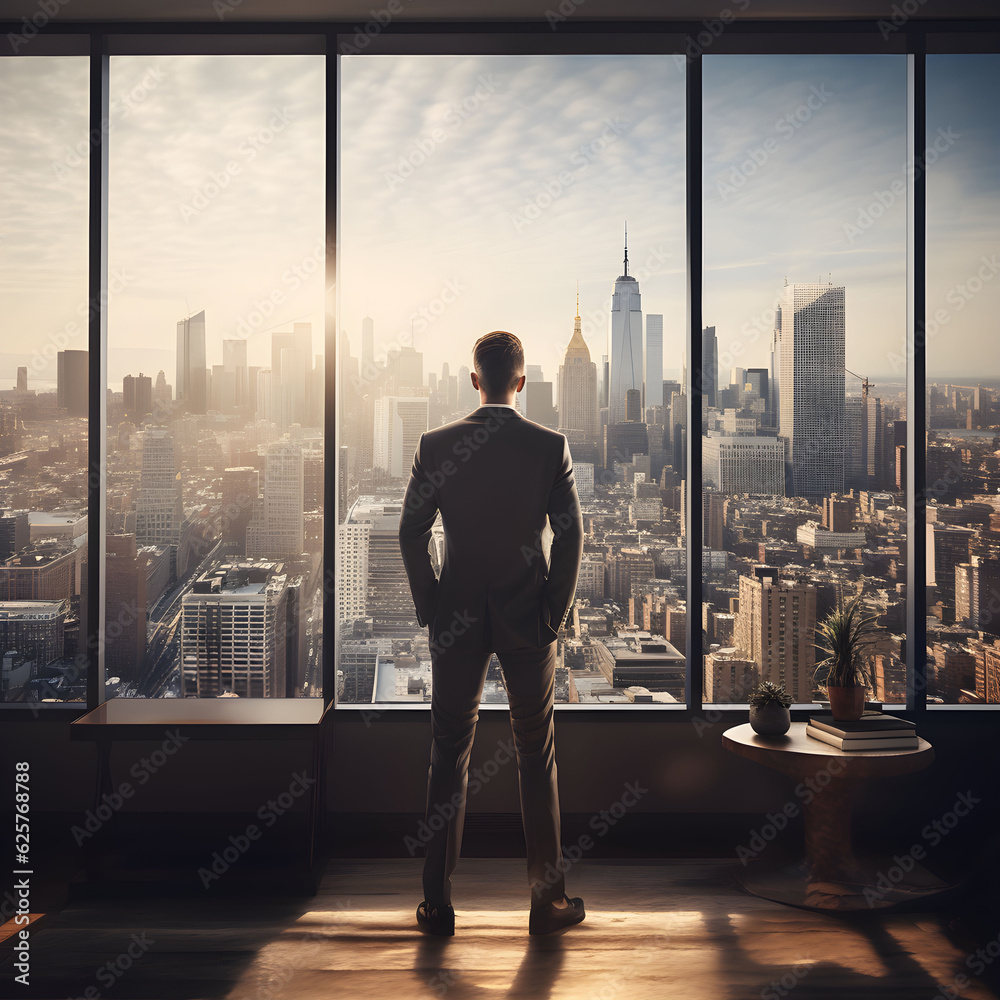 the executive from the window overlooks the city. sunset inside the office