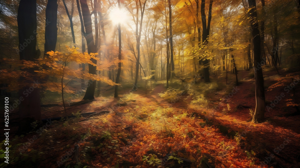 Fototapeta premium a dense broadleaf forest in autumn with sun shining bright, illustration, Generative AI