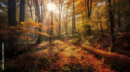 a dense broadleaf forest in autumn with sun shining bright, illustration, Generative AI