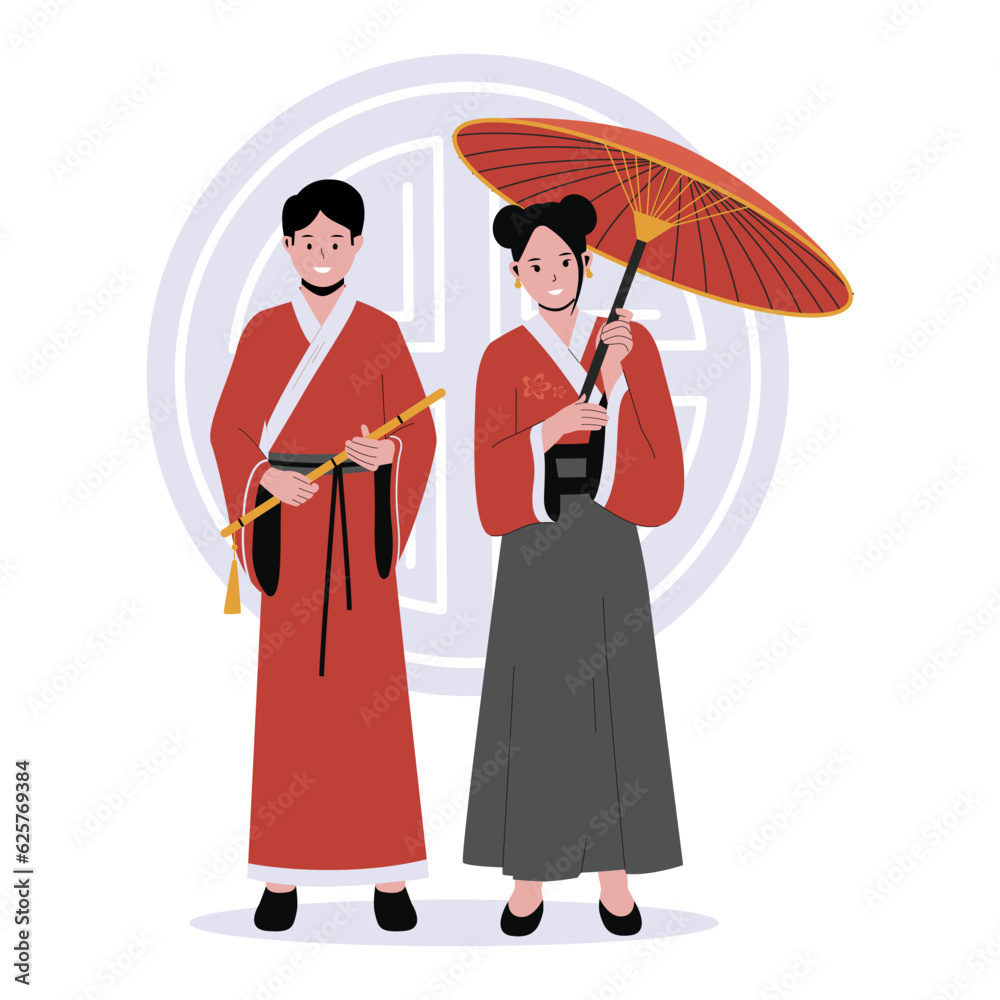 Chinese couple in traditional clothes vector illustrations. Group chinese male and female cartoon characters. Flat vector illustration isolated on white background Chinese couple in traditional clothes vector illustrations. Group chinese male and female cartoon characters. Flat vector illustration isolated on white background