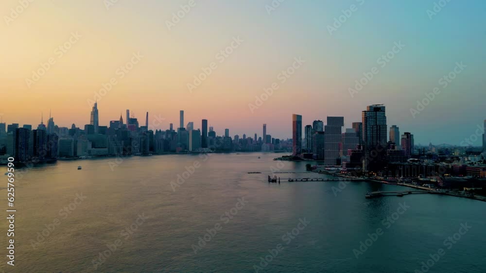 NYC East River Sunset Glow, Aerial Panorama, Manhattanhenge NYC East River Sunset Glow, Aerial Panorama, Manhattanhenge