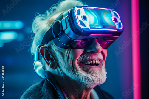 old man wearing virtual headset,cyberpunk photo