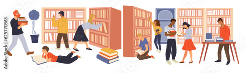People looking for books in library or stores