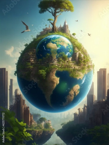 Save Earth - Eco Friendly Earth - Global Warming - Green World - Save Trees Theme Globe with trees - Ai © Impress Designers