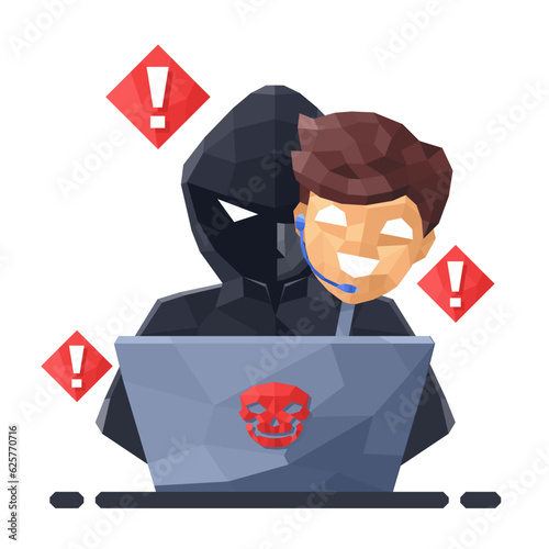 3D low polygon Thief Hacker disguised as fake call centers. fraud scam and steal private data on devices. vector illustration flat design for cyber criminal awareness concept.