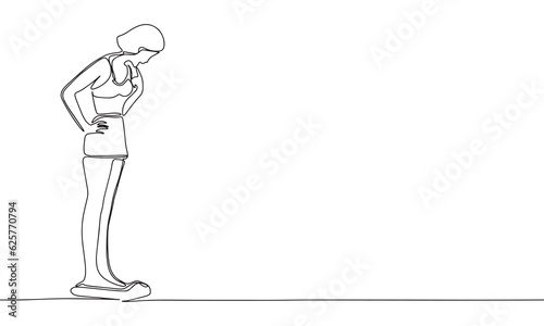 Silhouette of woman on the scales. Concept of weight loss, overweight banner. One line continuous minimalism vector illustraiton. Line art, outline.