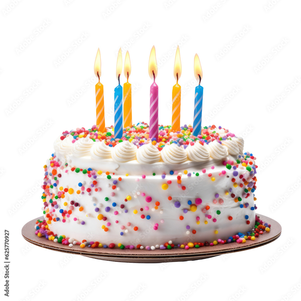 birthday cake with candles isolated on transparent background cutout