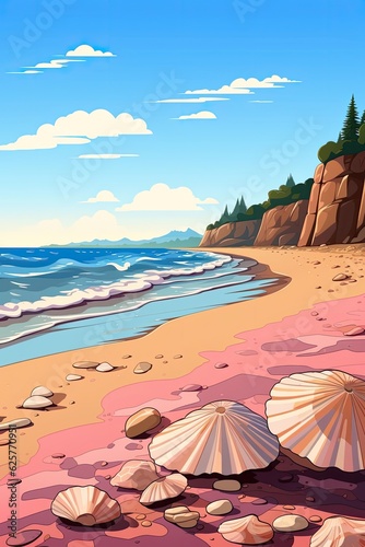 The painting depicts seashells on a beach with colorful scenery.  Generative AI 