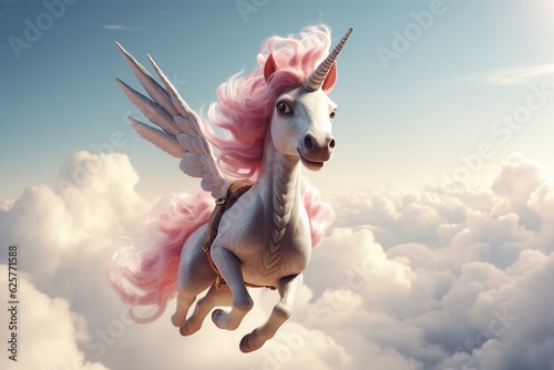 Adorable unicorn on a flying cloud with copy space  Generative Ai