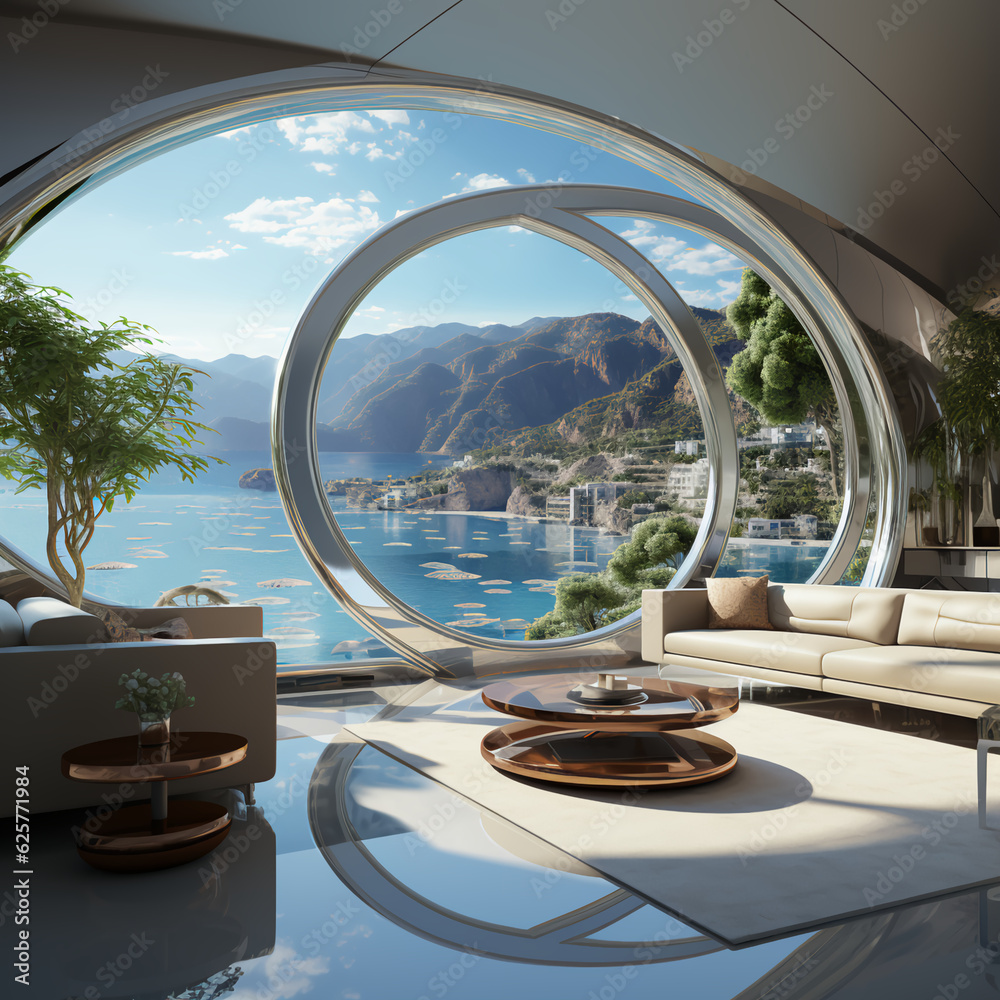 Futuristic architecture design, great details, inspirational views, living room, generated by AI.