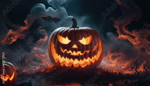 halloween pumpkin Jack O' lantern wallpaper surrounded by smoke in the dark background
