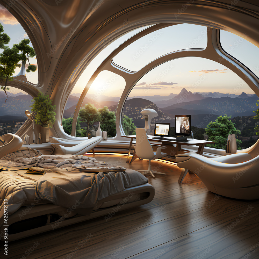Fototapeta premium Futuristic architecture design, great details, inspirational views, bedroom, generated by AI.