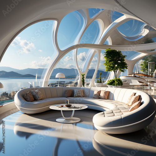 Futuristic architecture design, great details, inspirational views, living room, generated by AI. © InVii