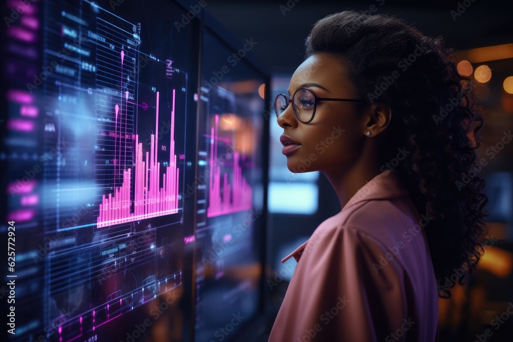 African Businesswoman working with data and tablet hologram with digital overlay for tech, statistics or stock market. generative ai African Businesswoman working with data and tablet hologram with digital overlay for tech, statistics or stock market. generative ai