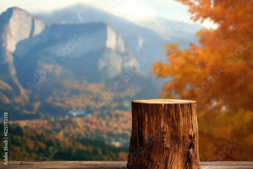 Tree Trunk Podium Against Background Of Unfocused Autumn Leaves And Mountain Range. Mock Up For A Cosmetic Or Food Product. Generative AI