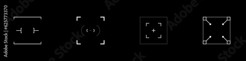 Cyberpunk style square target set. HUD cyber targets, aims, sights, and crosshairs. A pack of GUI futuristic rectangle aims. Collection of cyberpunk style circle design elements.
