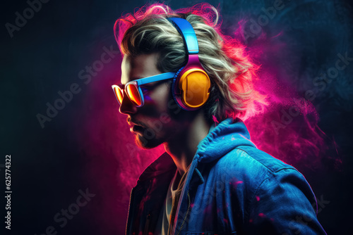 Portrait of man dj in eyewear and headphones on neon dark background. space for text. generative AI.