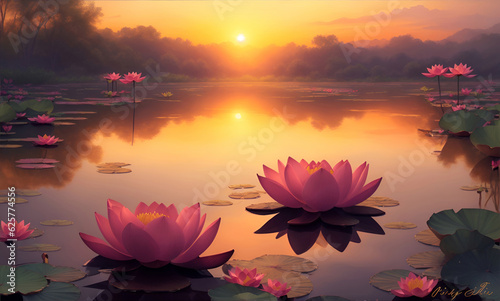 Leinwand Poster sunset over the Lotus Pond illustration, generative ai