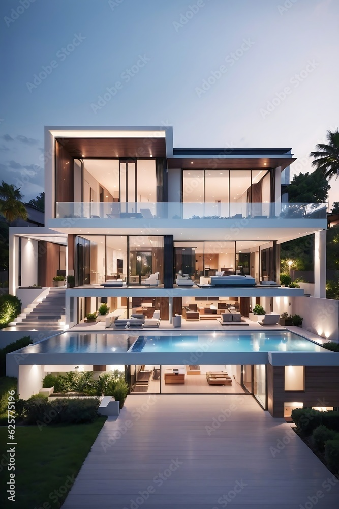 a modern house with a pool in front of it 
