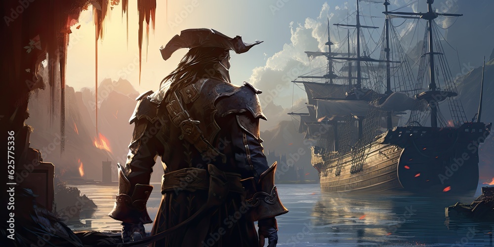 Fototapeta premium A pirate looking at a ship. Generative AI illustration