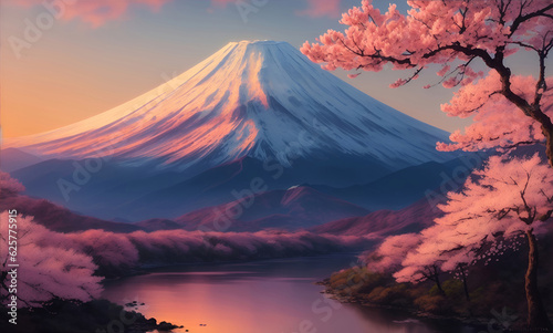 Beautiful painting illustration of Fujiyama, Japan with sakura blossom at spring season, generative ai