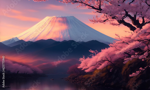 Beautiful painting illustration of Fujiyama, Japan with sakura blossom at spring season, generative ai