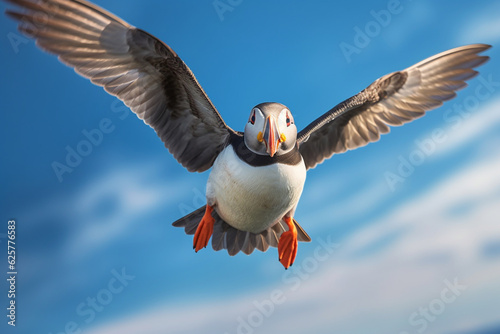 Adorable Atlantic puffin flying against a bright blue sky with a calm look on its face © alisaaa