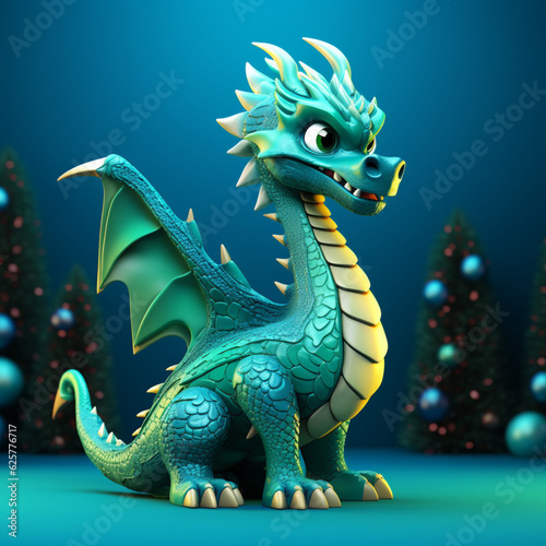 realistic green dragon  Christmas background. illustration  AI generation.