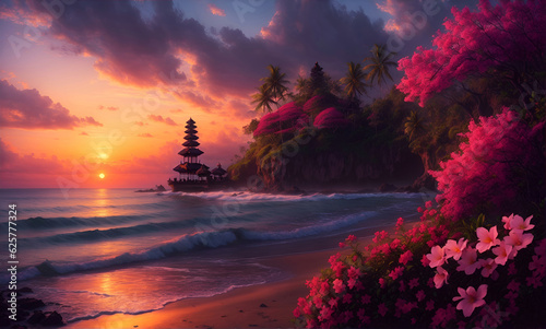 beautiful painting of Bali tropical beach at sunset