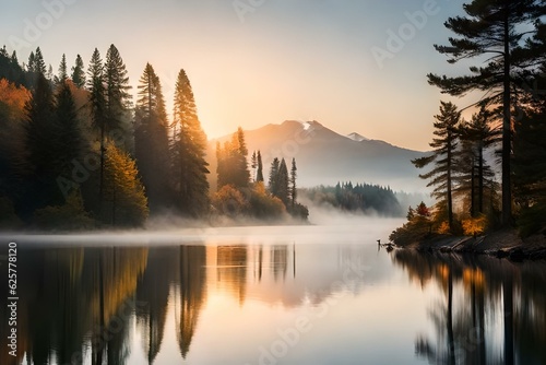 The sun slowly rises, casting a soft golden glow over the lake. Towering evergreen trees surround the lake's banks, their reflection gently rippling in the water. 