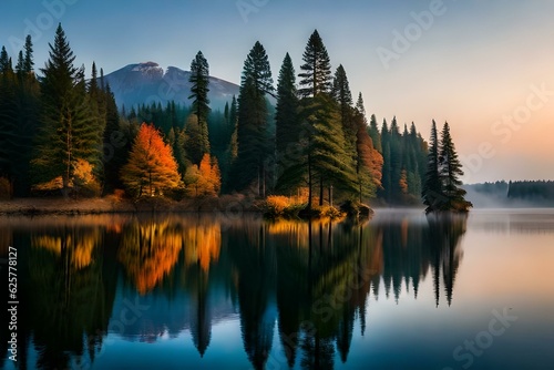 The sun slowly rises  casting a soft golden glow over the lake. Towering evergreen trees surround the lake s banks  their reflection gently rippling in the water. 