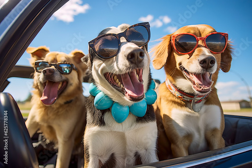 dogs smile out of a windows in the car