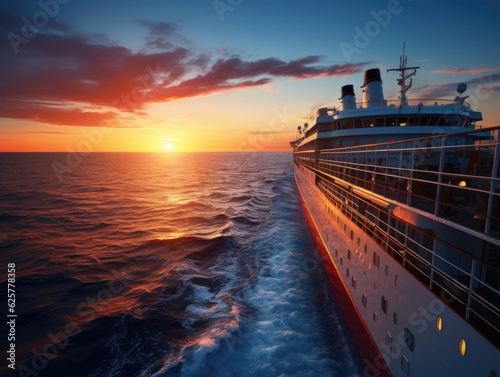 Cruise ship sailing in sea against mountains and sunset © STORYTELLER