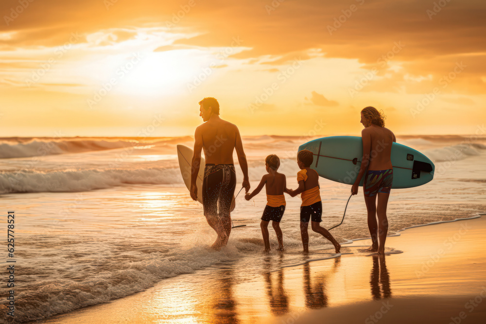 A family taking surf lessons on a paradise  beach with a sunset
